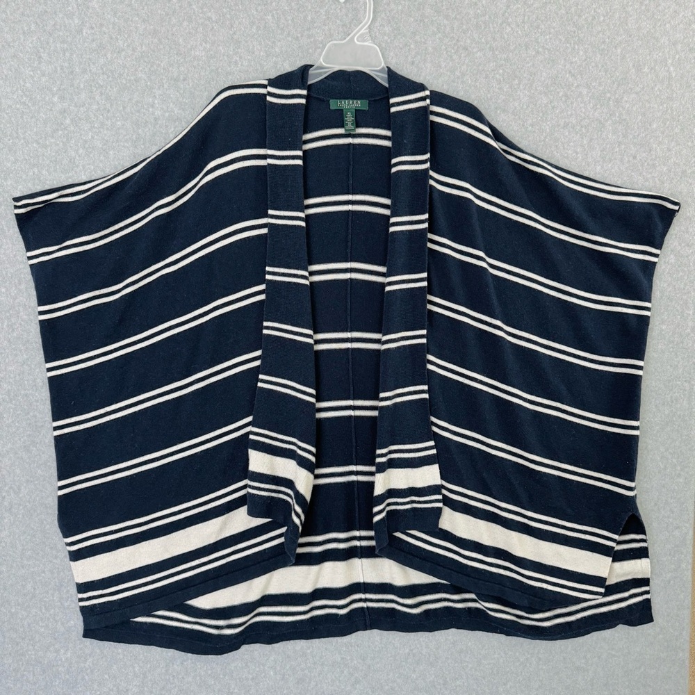Lauren Ralph Lauren Silk Cashmere Poncho Sweater Blue White Striped Small Petite - Picture 14 of 16